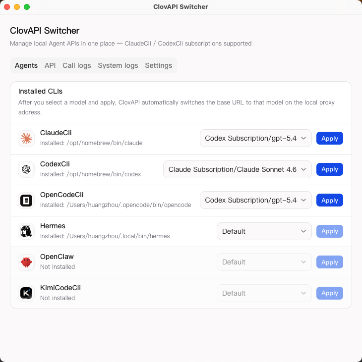 ClovAPI Switcher desktop app managing API upstreams for Claude Code, Codex, and other agents